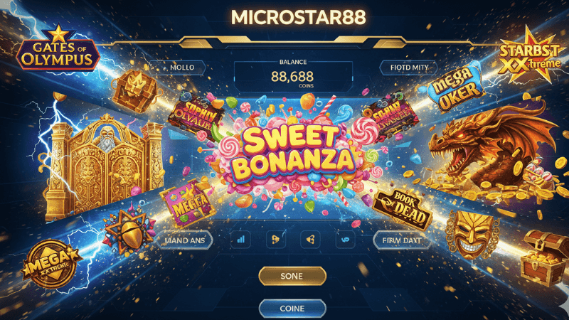Collage of popular slot gacor microstar88.gcr games including Gates of Olympus and Sweet Bonanza on a casino platform interface.
